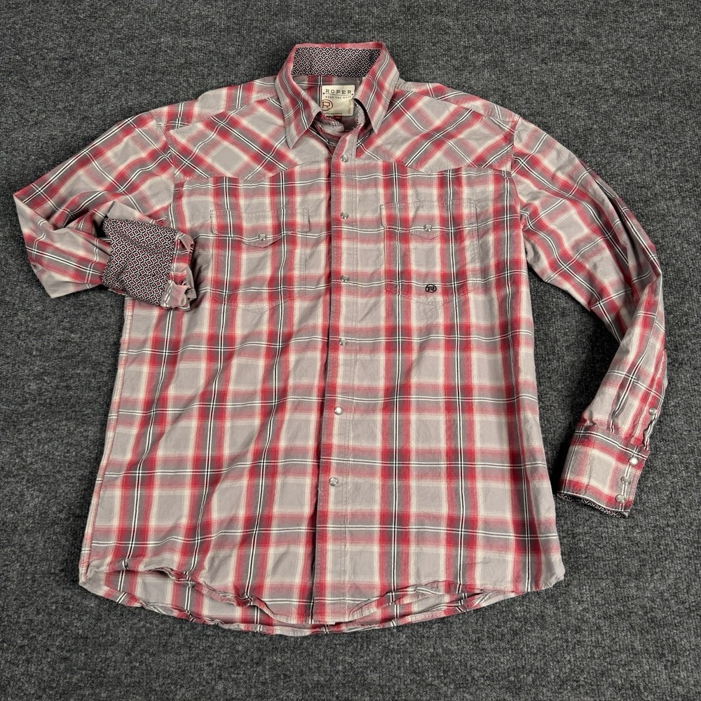 Roper Western Shirt Mens Medium Red Plaid Button Up Long‎ Sleeve